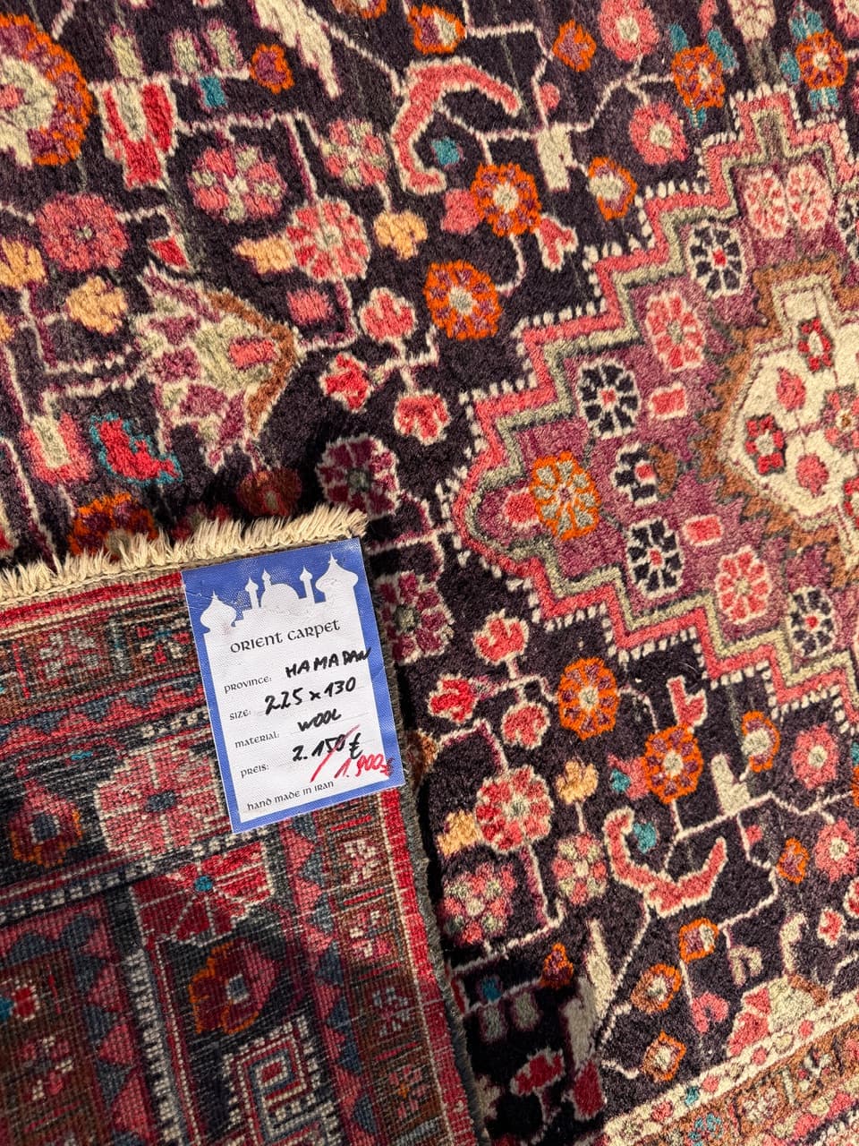 Rug Hamadan 225x130 cm, navy blue, wool, Iran, 1970s. - 198273