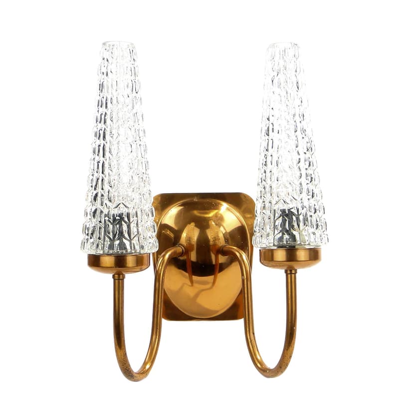Double-arm wall sconce, golden brass, clear glass, Poland, 1970s.