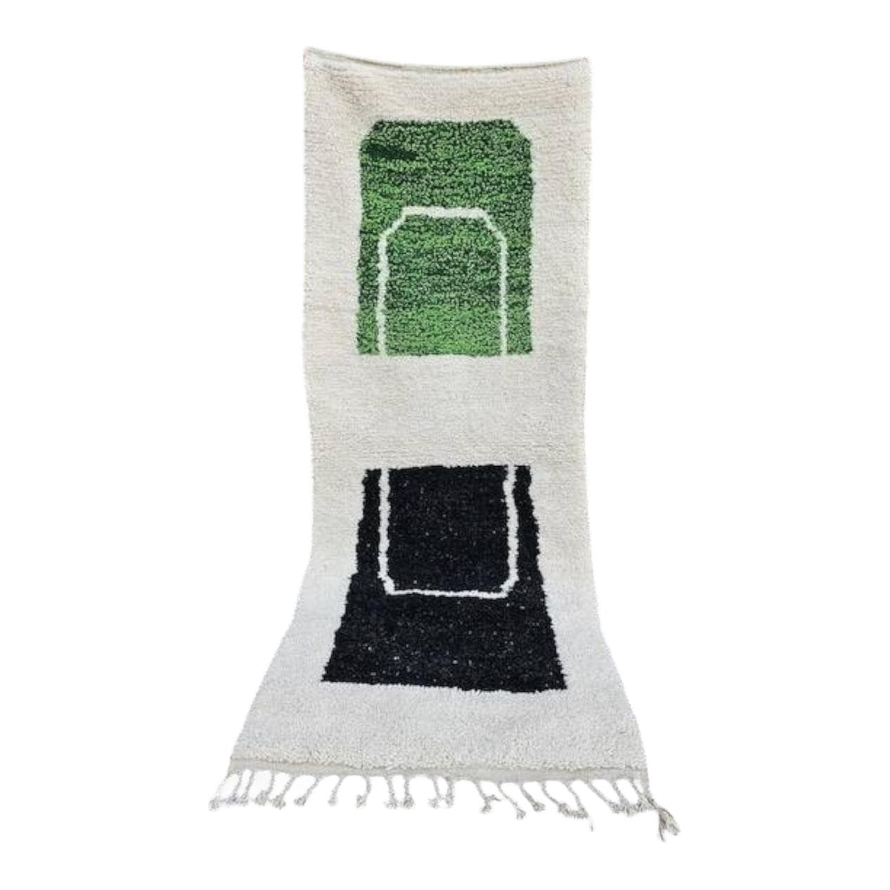 Handwoven rug 140x260 cm, wool, green, black, white, ivory, Morocco