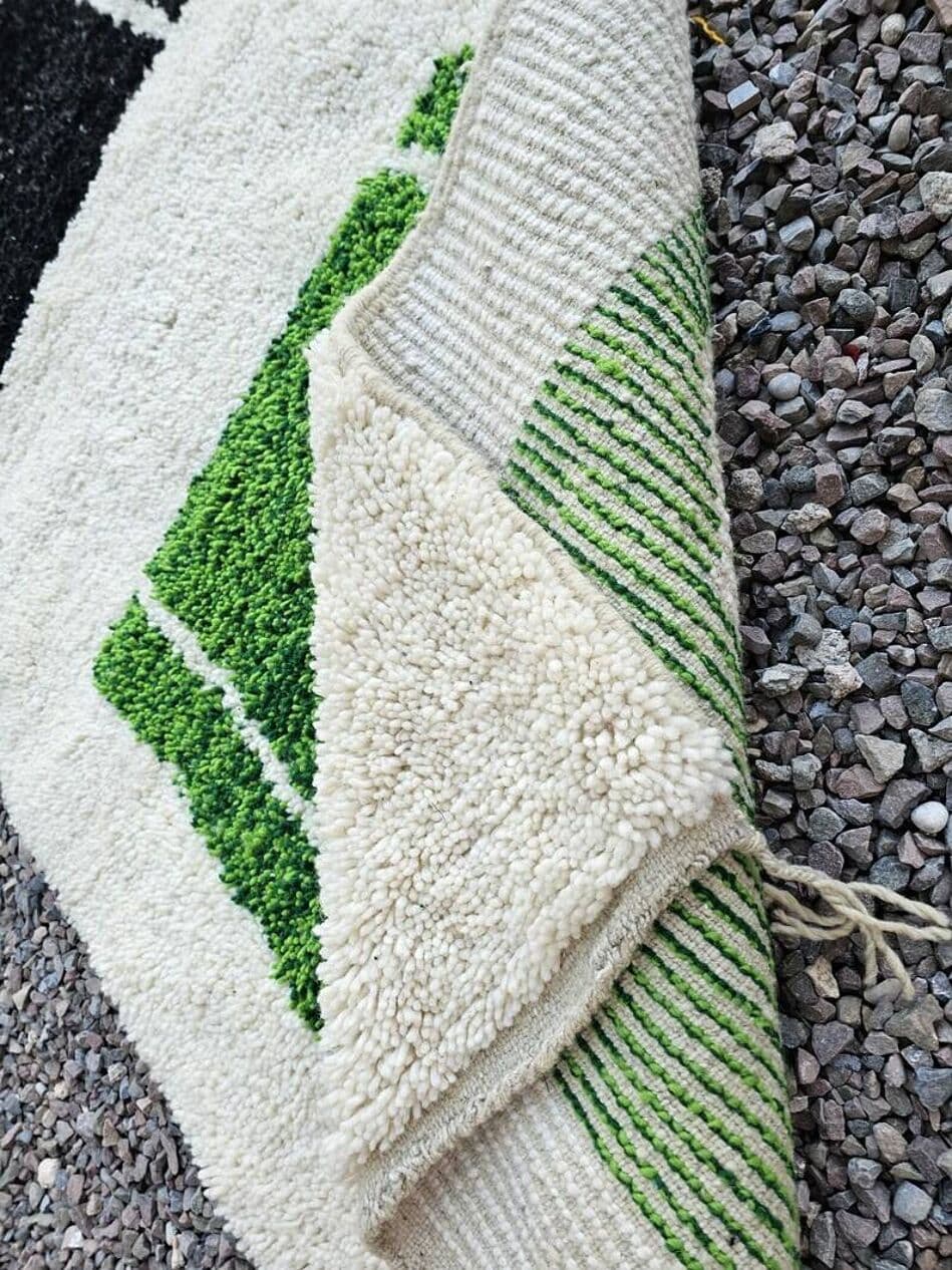 Handwoven rug 140x260 cm, wool, green, black, white, ivory, Morocco - 200270