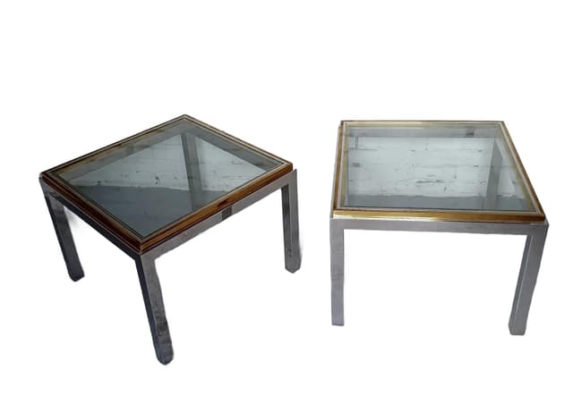 Stoliki kawowe Hollywood Regency, szkło transparent, mosiądz, stal chromowana, Włochy, lata 70. - WYMIARY