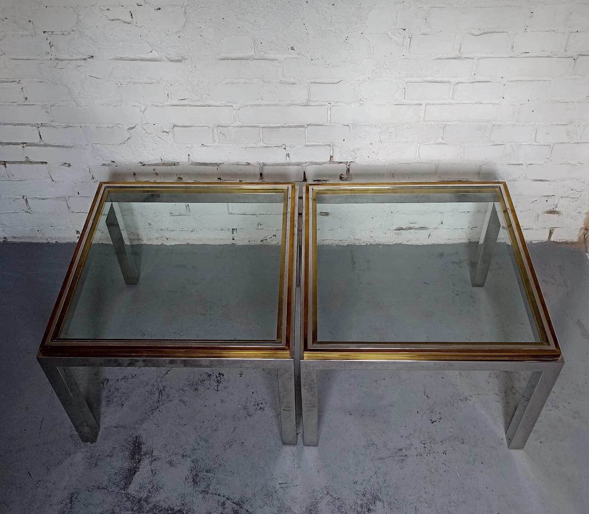 Stoliki kawowe Hollywood Regency, szkło transparent, mosiądz, stal chromowana, Włochy, lata 70. - 13878