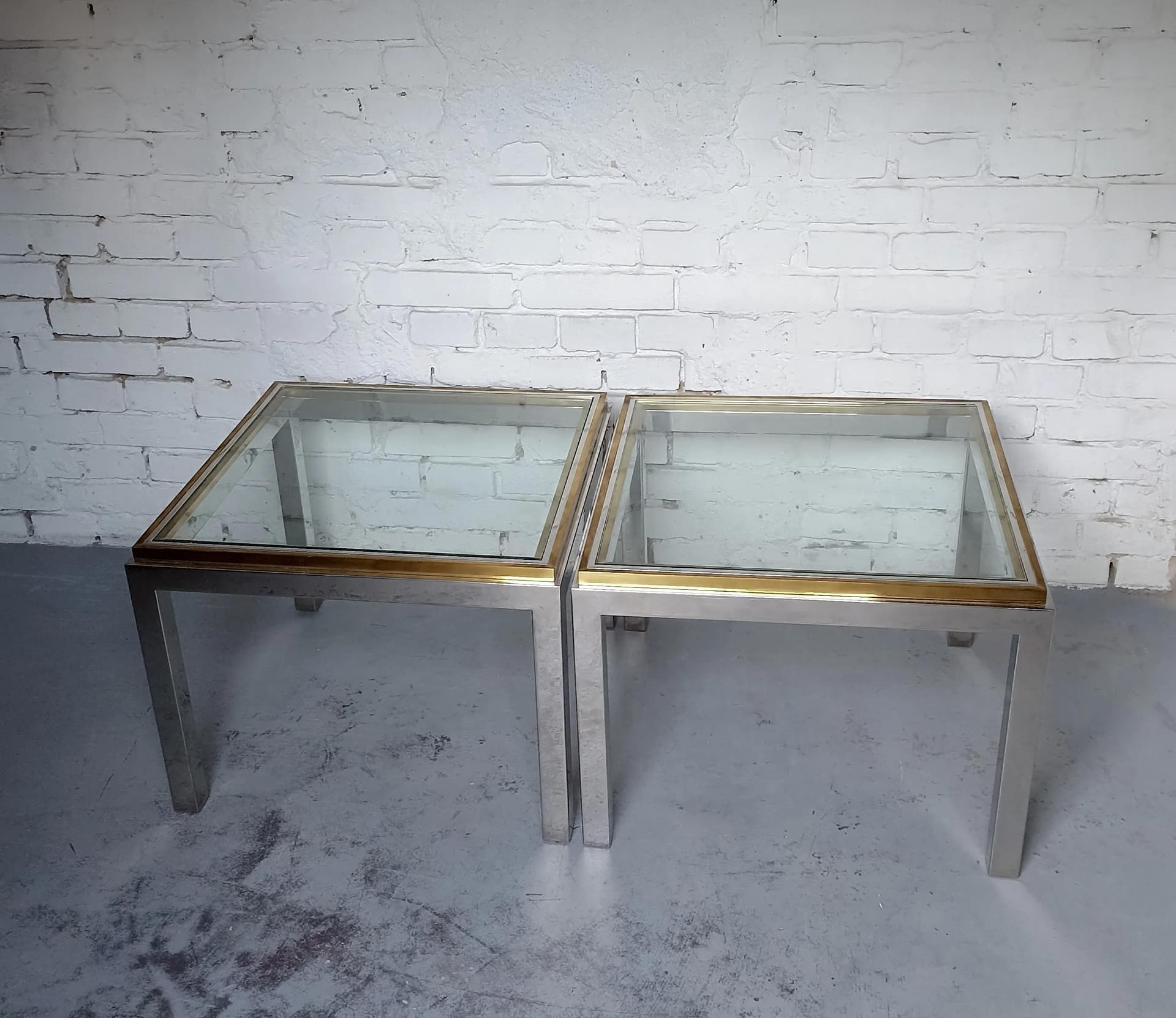 Stoliki kawowe Hollywood Regency, szkło transparent, mosiądz, stal chromowana, Włochy, lata 70. - 13877