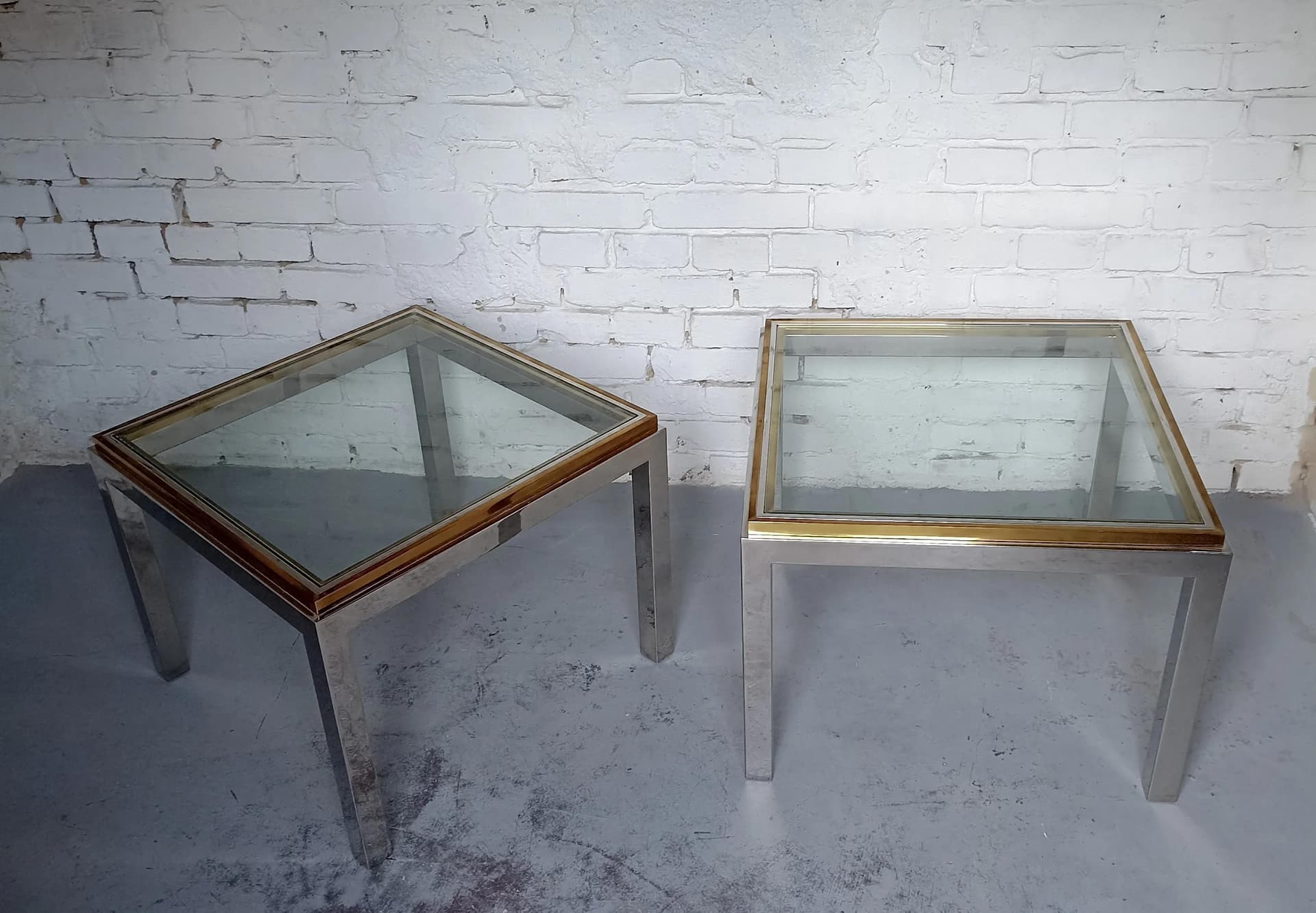 Stoliki kawowe Hollywood Regency, szkło transparent, mosiądz, stal chromowana, Włochy, lata 70. - 13882