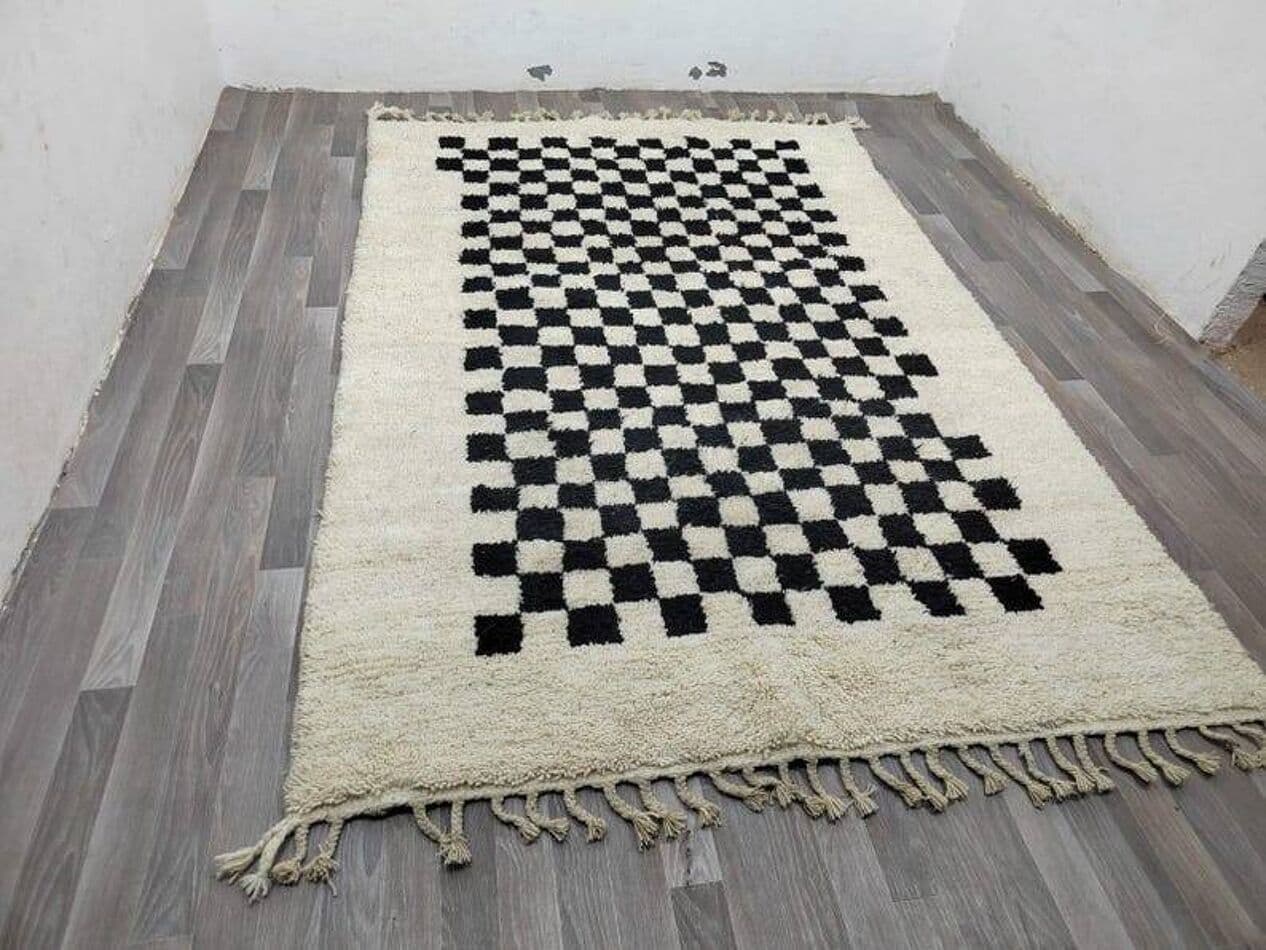 Ręcznie tkany dywan 150x250 cm, wełna, kość słoniowa, czarny, Maroko - 200244