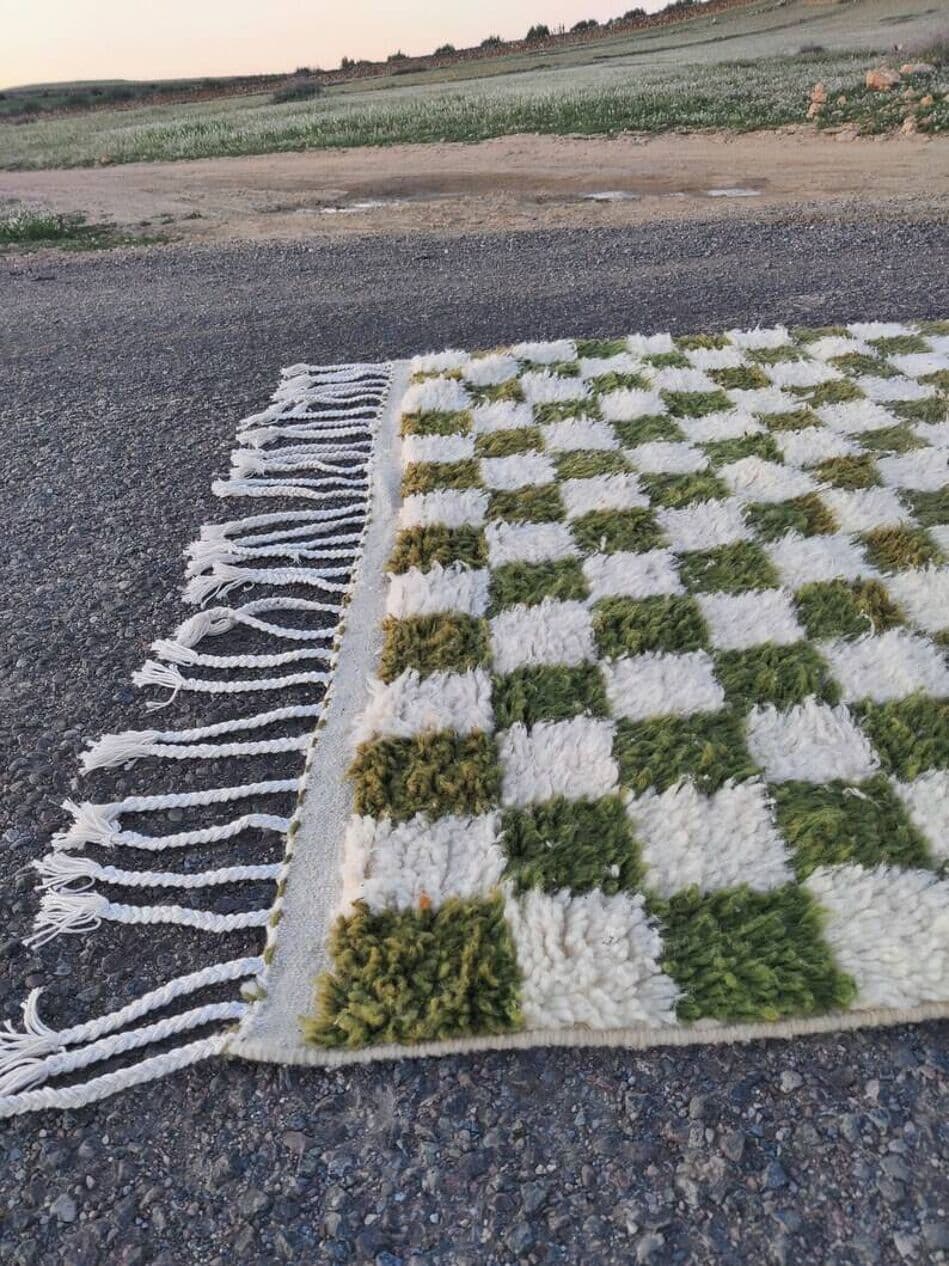 Handwoven rug 160x260 cm, wool, green, white, Morocco - 200122