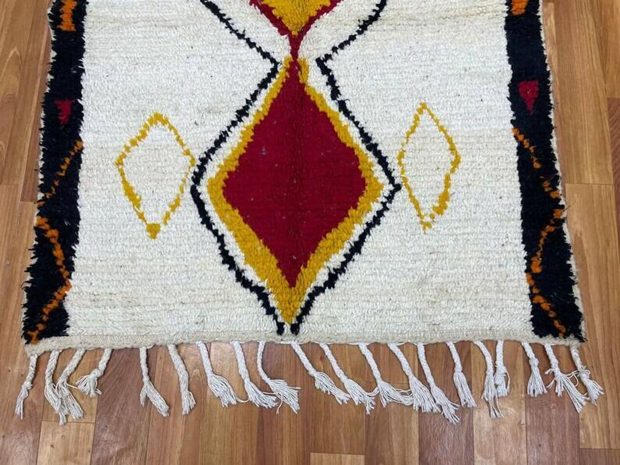 Handwoven rug 150x250 cm, wool, ivory, yellow, red, black, Morocco - 200099