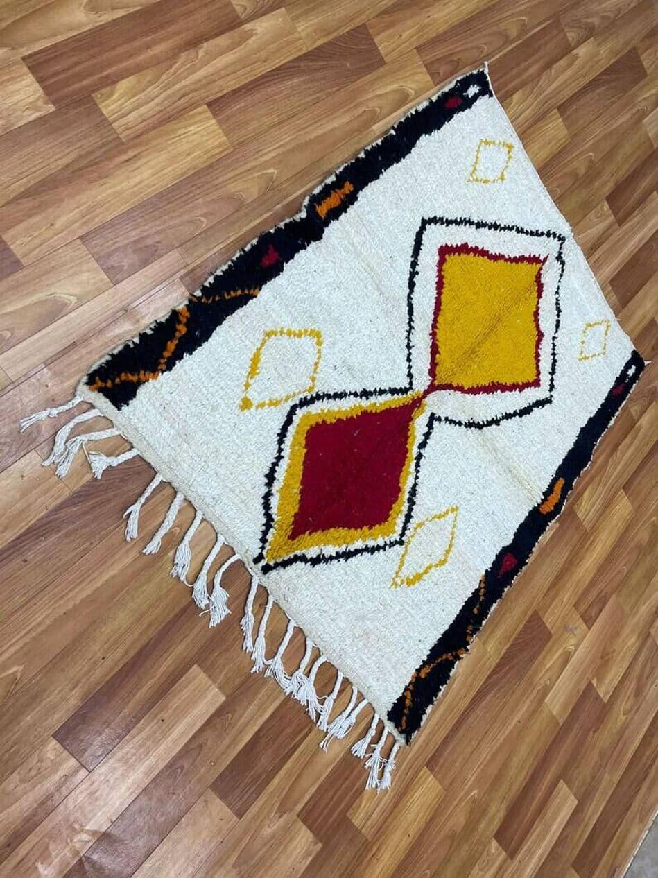 Handwoven rug 150x250 cm, wool, ivory, yellow, red, black, Morocco - 200100