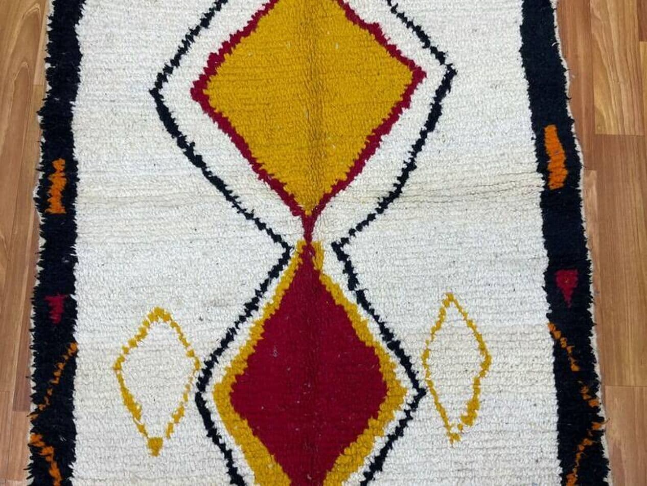 Handwoven rug 150x250 cm, wool, ivory, yellow, red, black, Morocco - 200102