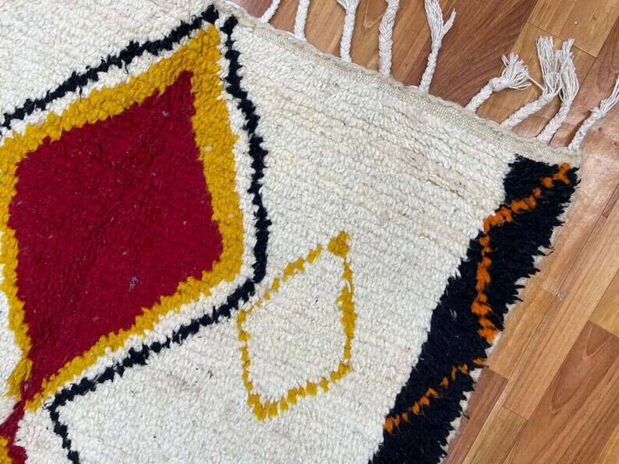 Handwoven rug 150x250 cm, wool, ivory, yellow, red, black, Morocco - 200104