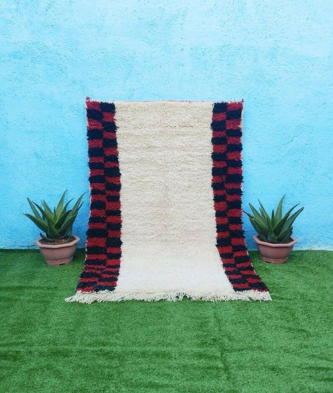 Handwoven rug 150x250 cm, wool, cream, red, black, Morocco - 199974