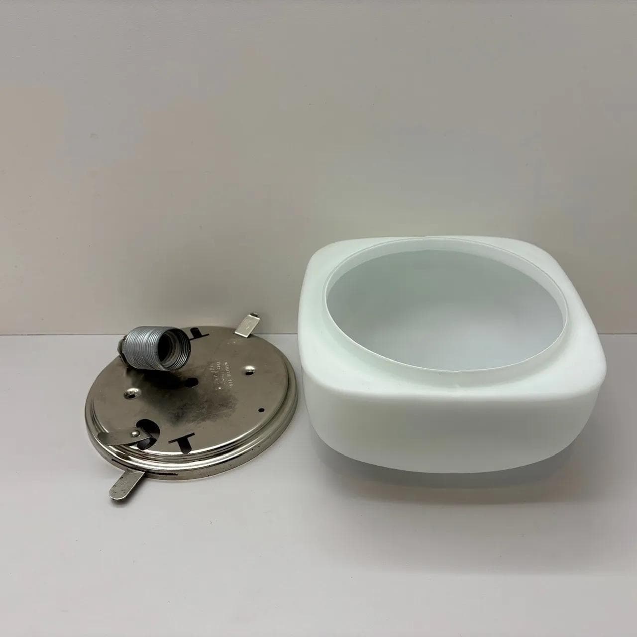 Ceiling Lamp Bauhaus, white glass, metal, Zakłady Sprzętu Oświetleniowego Zaos, Poland, 1980s. - 13949