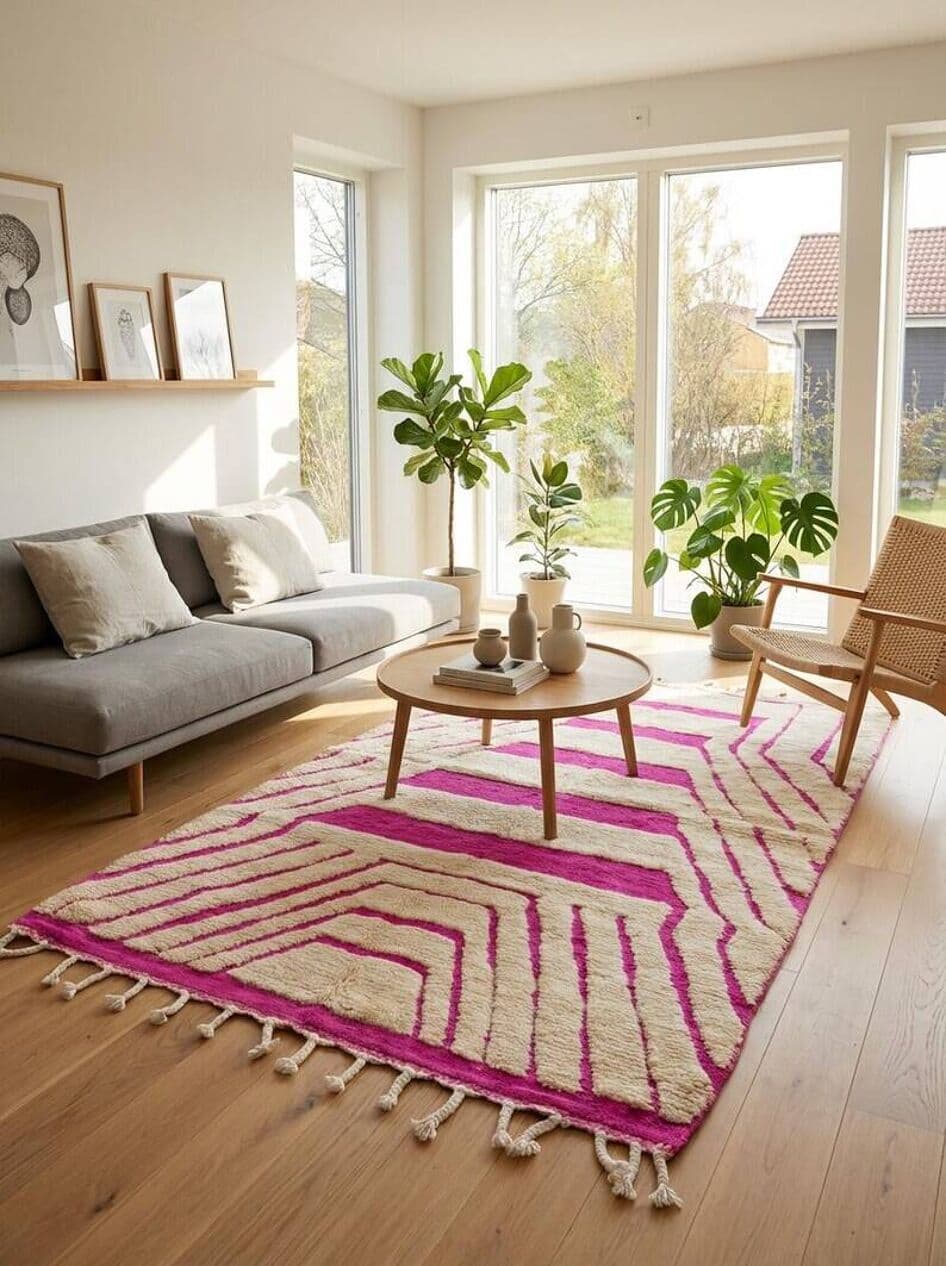 Ręcznie tkany dywan 150x260 cm, wełna, fioletowy, różowy, kość słoniowa, Maroko - 199921