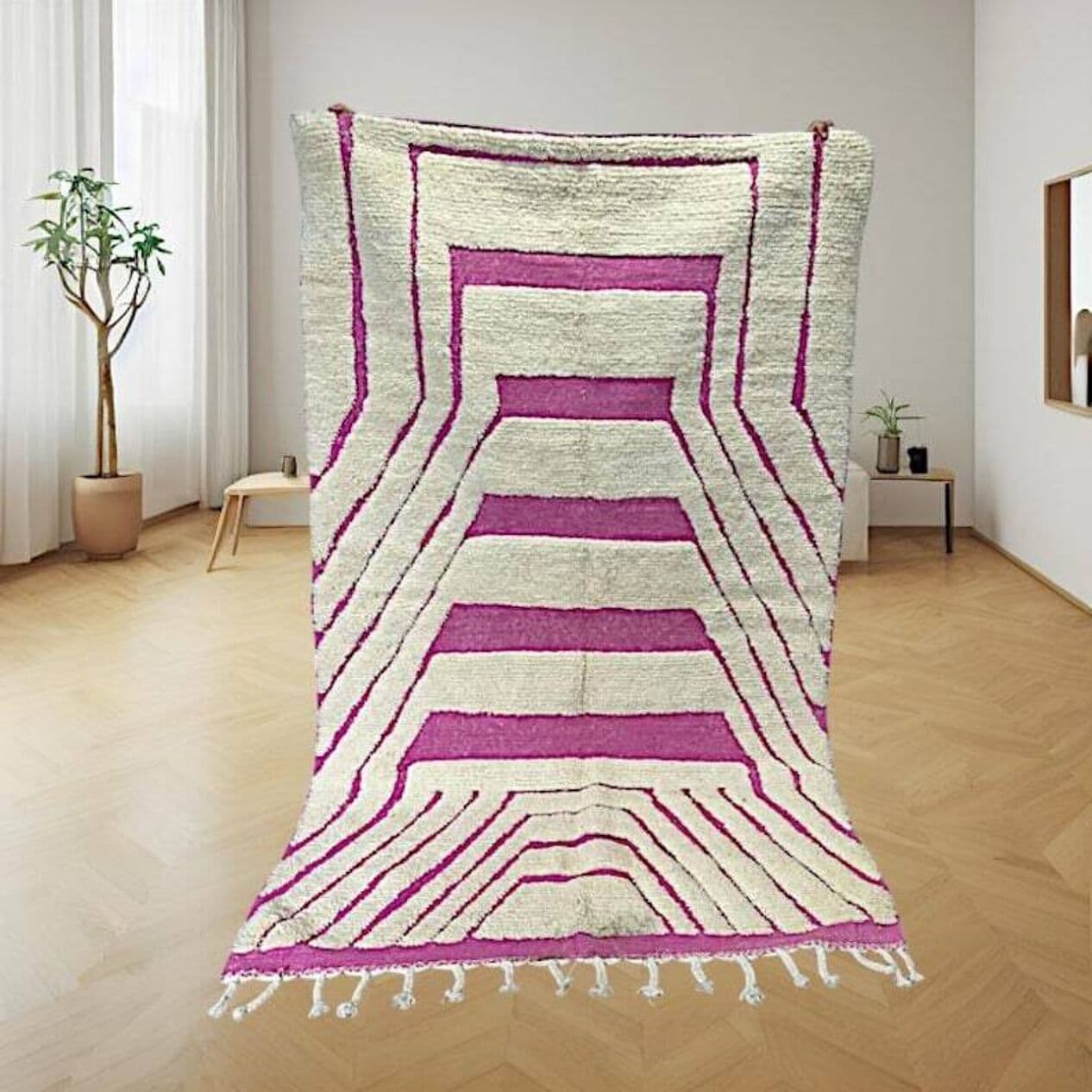 Ręcznie tkany dywan 150x260 cm, wełna, fioletowy, różowy, kość słoniowa, Maroko - 199917