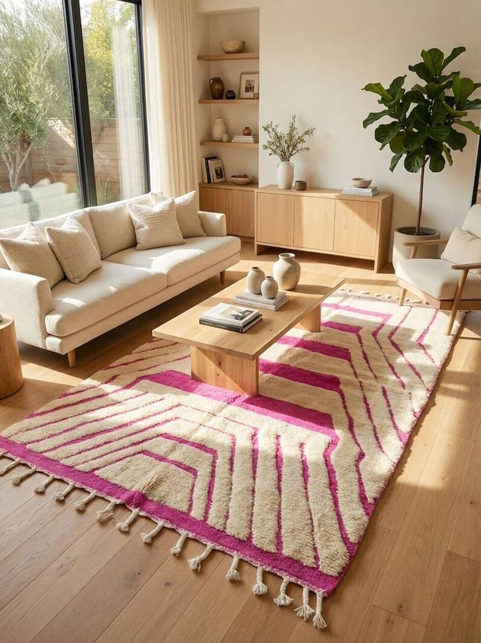 Ręcznie tkany dywan 150x260 cm, wełna, fioletowy, różowy, kość słoniowa, Maroko - 199918