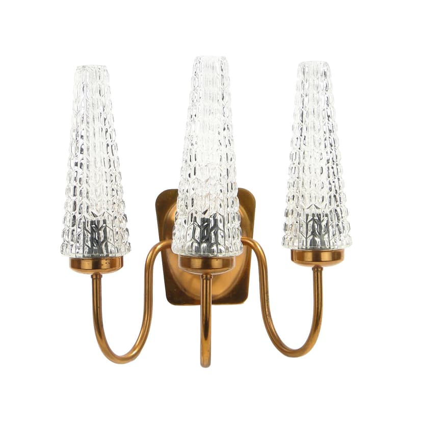 Three-arm wall sconce, copper, glass, Poland, 1970s.