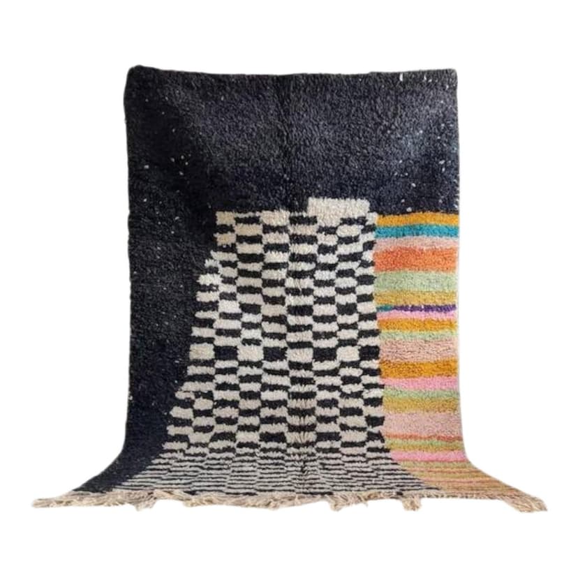 Ręcznie tkany dywan 150x250 cm, wełna, czarny, kość słoniowa, pomarańczowy, żółty, turkusowy, różowy, zielony, beżowy, Maroko