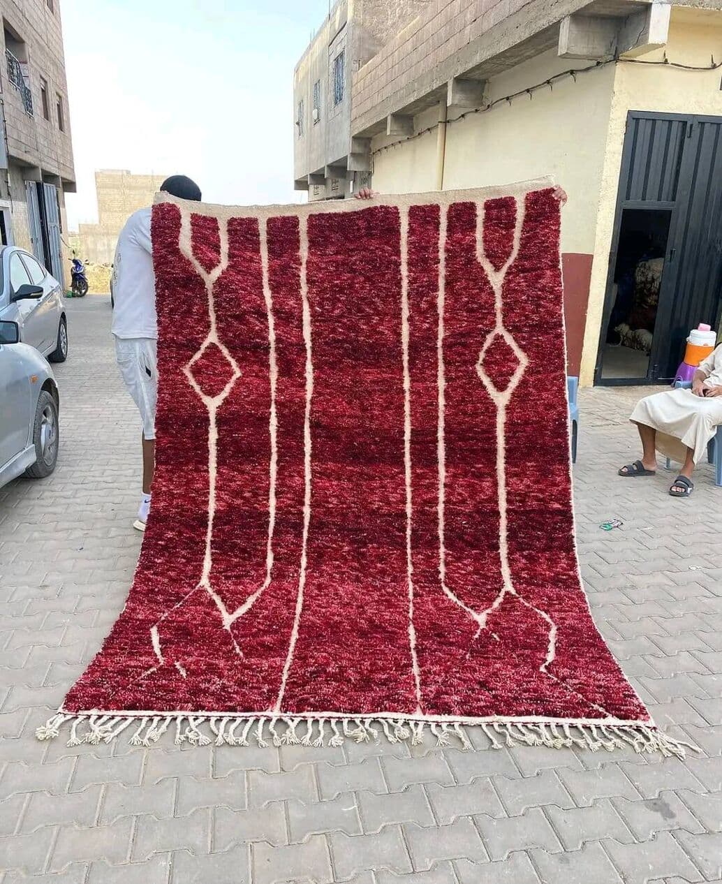 Ręcznie tkany dywan 150x250 cm, wełna, czerwony, kość słoniowa, Maroko - 199384