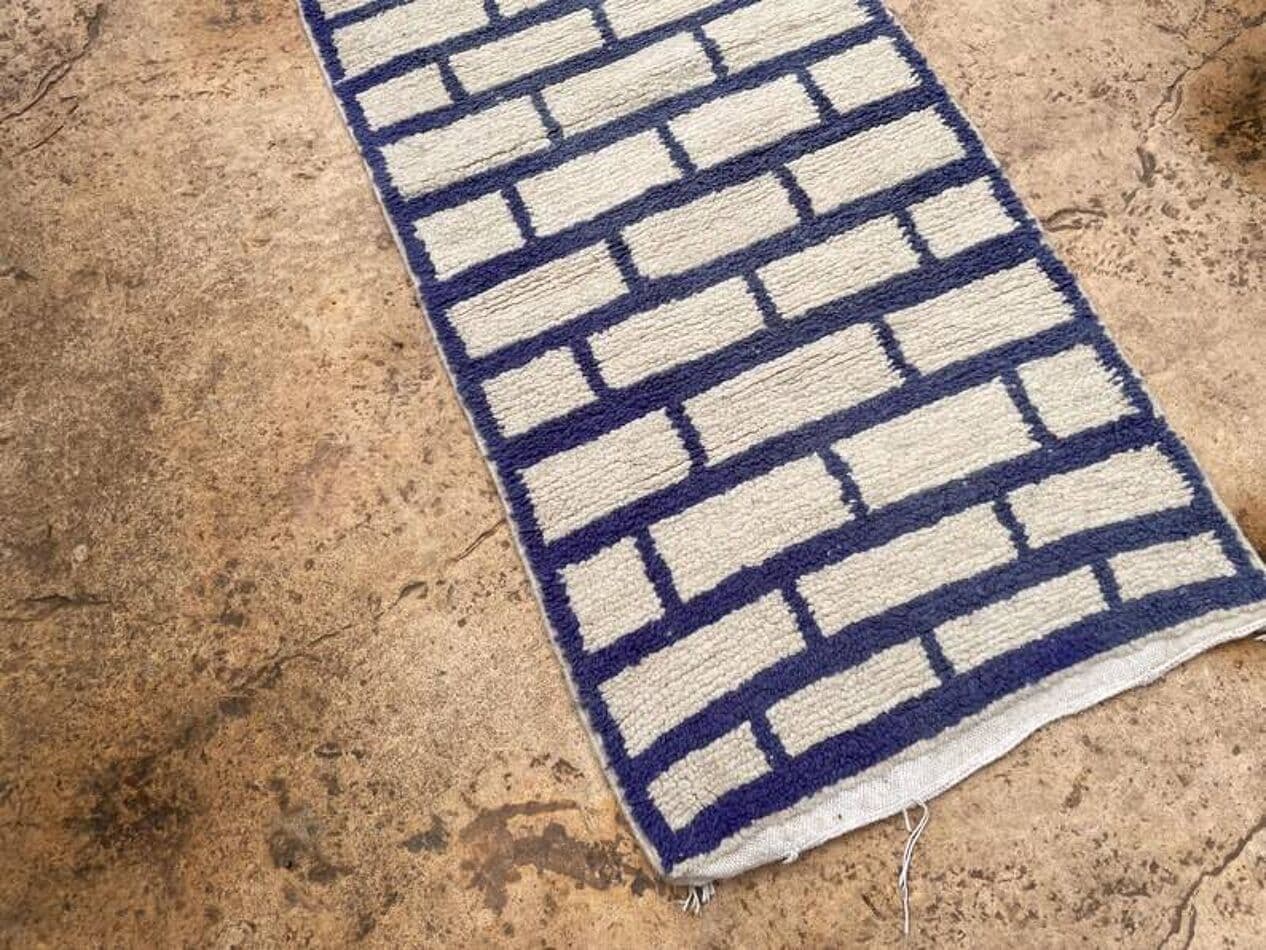 Handwoven rug 400x70 cm, wool, ivory, navy blue, Morocco - 199305