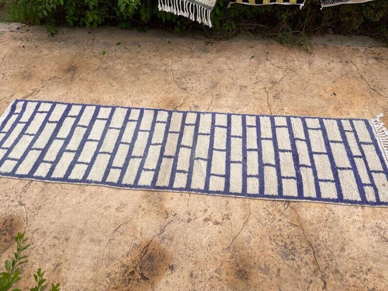 Handwoven rug 400x70 cm, wool, ivory, navy blue, Morocco - 199304