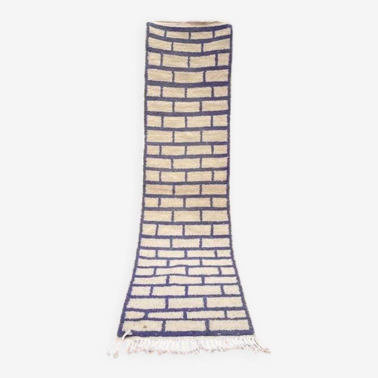 Handwoven rug 400x70 cm, wool, ivory, navy blue, Morocco - 199301