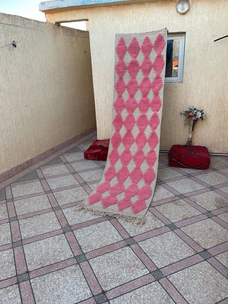 Handwoven rug 400x70 cm, wool, pink, grey, Morocco - 199149