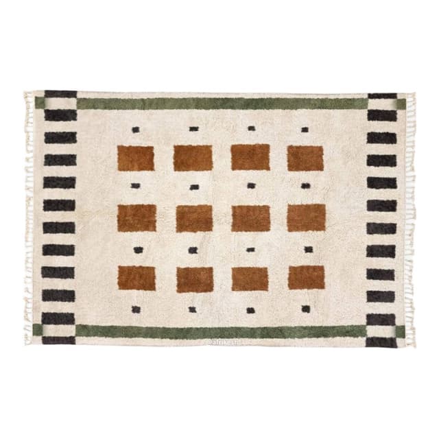 Ręcznie tkany dywan 250x150 cm, wełna, kość słoniowa, brązowy, czarny, zielony, Maroko - WYMIARY