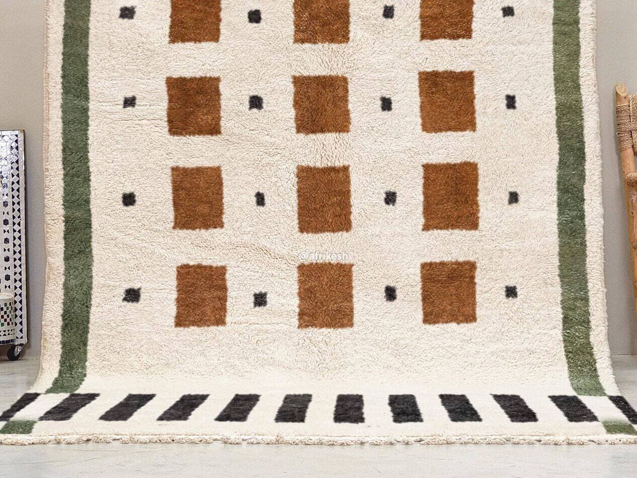 Ręcznie tkany dywan 250x150 cm, wełna, kość słoniowa, brązowy, czarny, zielony, Maroko - 199073