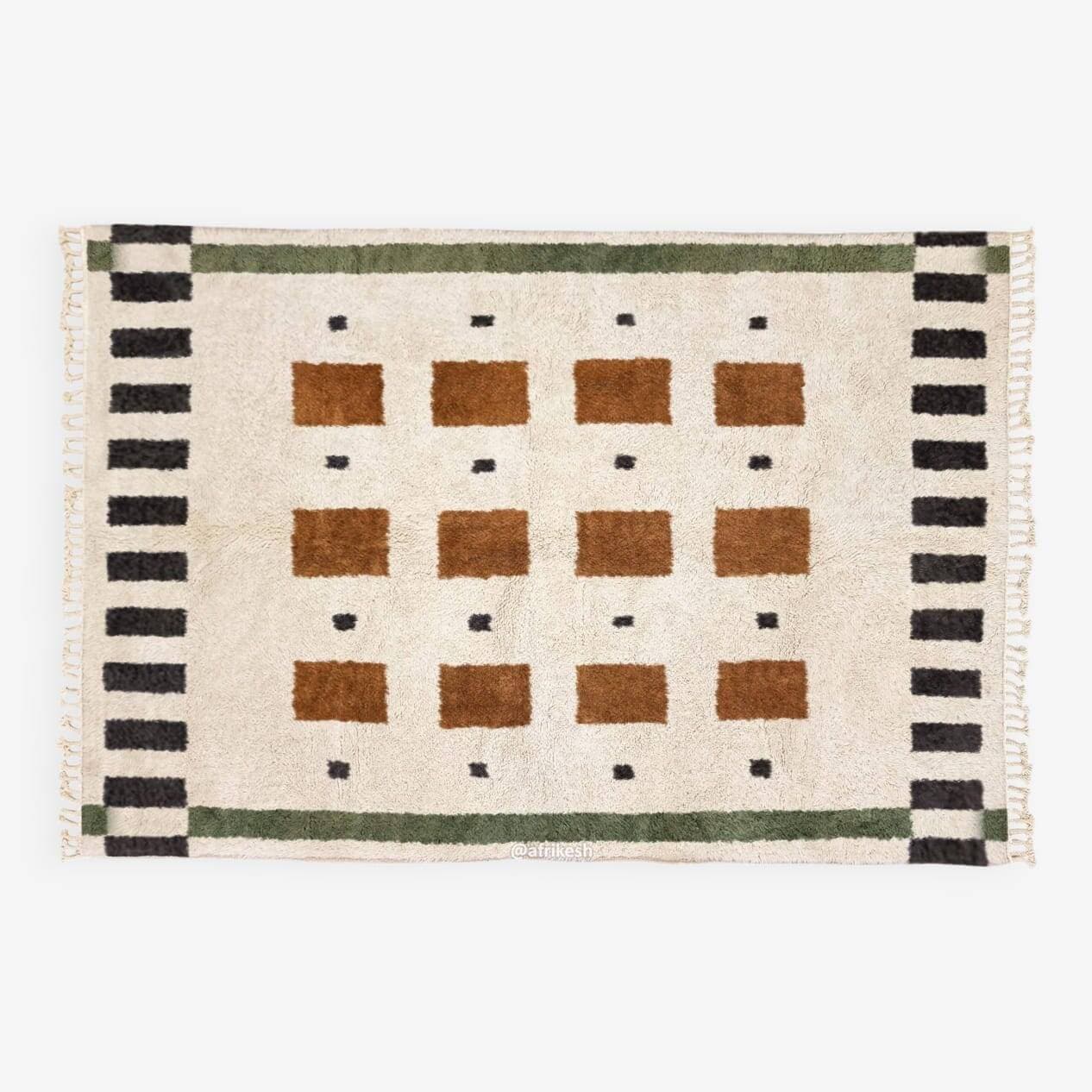 Ręcznie tkany dywan 250x150 cm, wełna, kość słoniowa, brązowy, czarny, zielony, Maroko - 199074