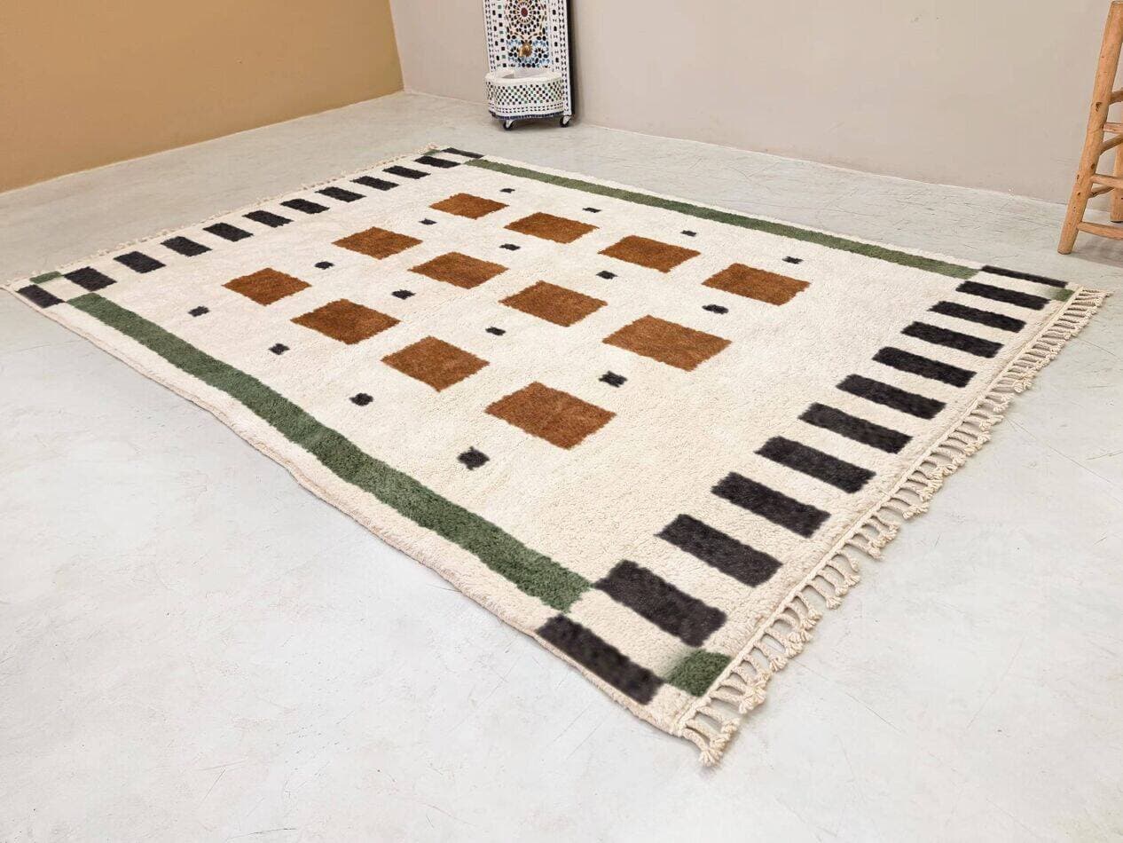 Ręcznie tkany dywan 250x150 cm, wełna, kość słoniowa, brązowy, czarny, zielony, Maroko - 199072