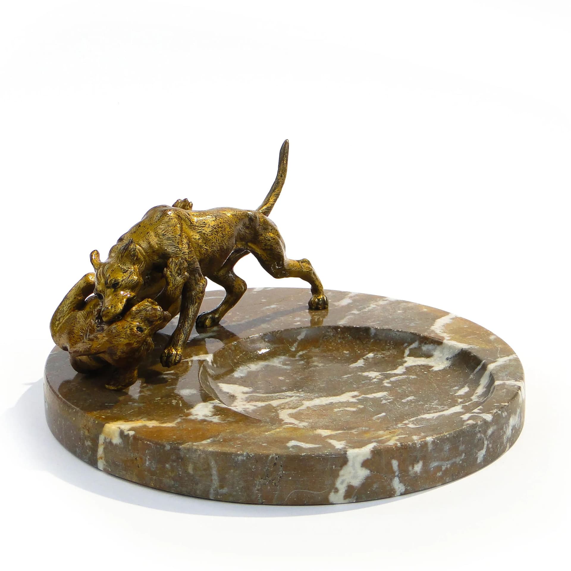 Calling card tray with fighting dogs figure, brown bronze, brown marble, Austria, early 20th c. - 14083
