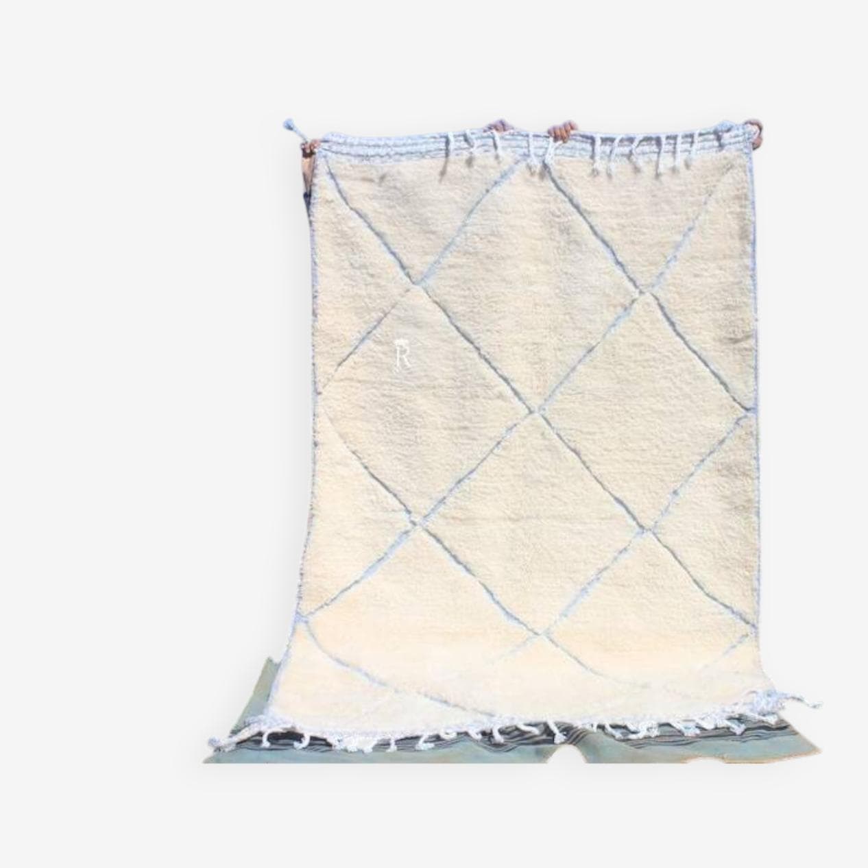 Ręcznie tkany dywan 200x300 cm, wełna, kość słoniowa, niebieski, Maroko - 198643