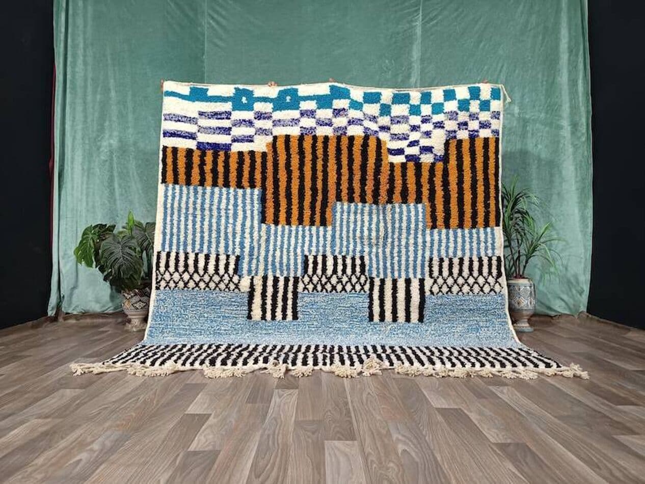 Ręcznie tkany dywan 200x300 cm, wełna, niebieski, granatowy, ochra, czarny, biały, Maroko - 198549