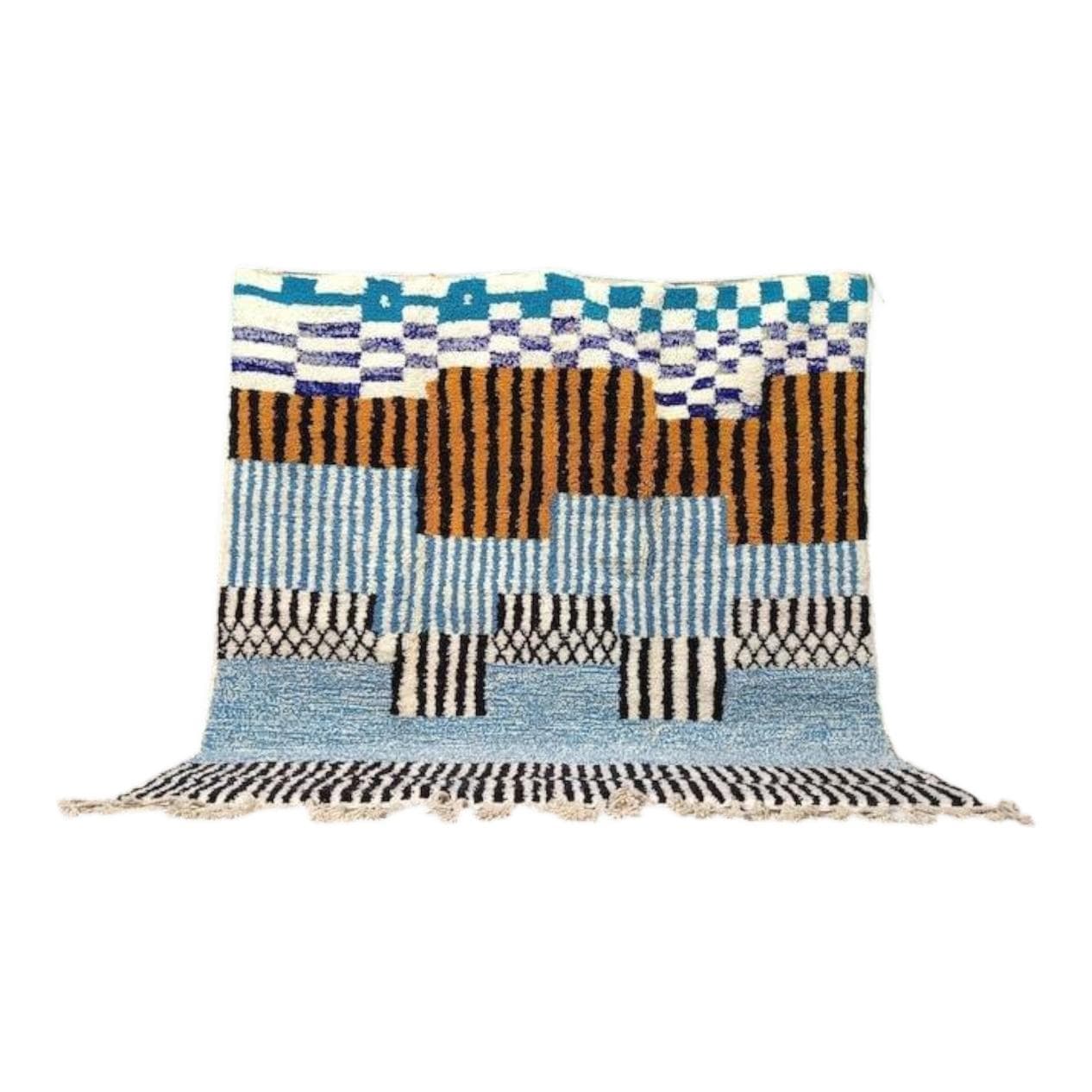 Ręcznie tkany dywan 200x300 cm, wełna, niebieski, granatowy, ochra, czarny, biały, Maroko