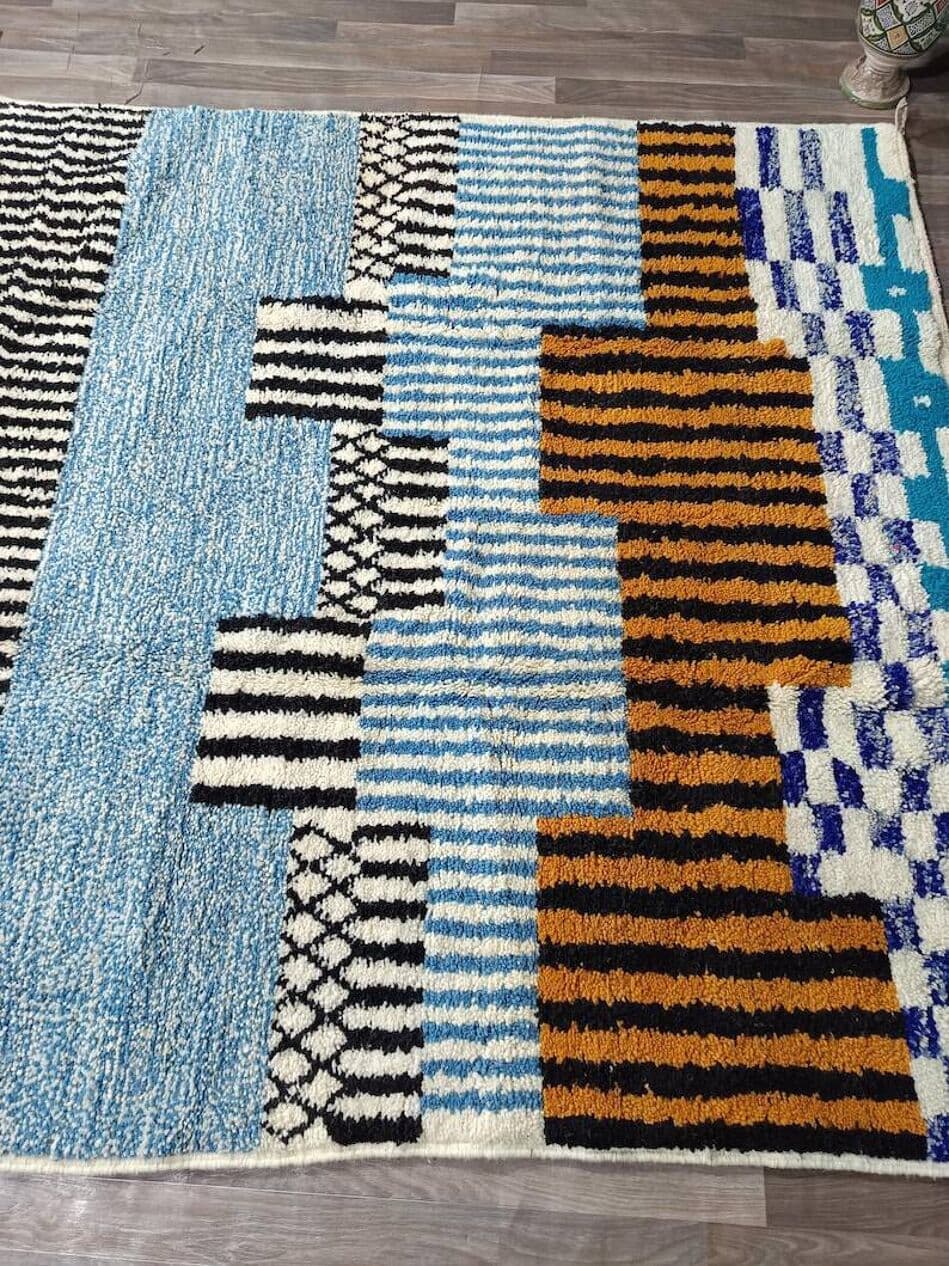 Ręcznie tkany dywan 200x300 cm, wełna, niebieski, granatowy, ochra, czarny, biały, Maroko - 198552