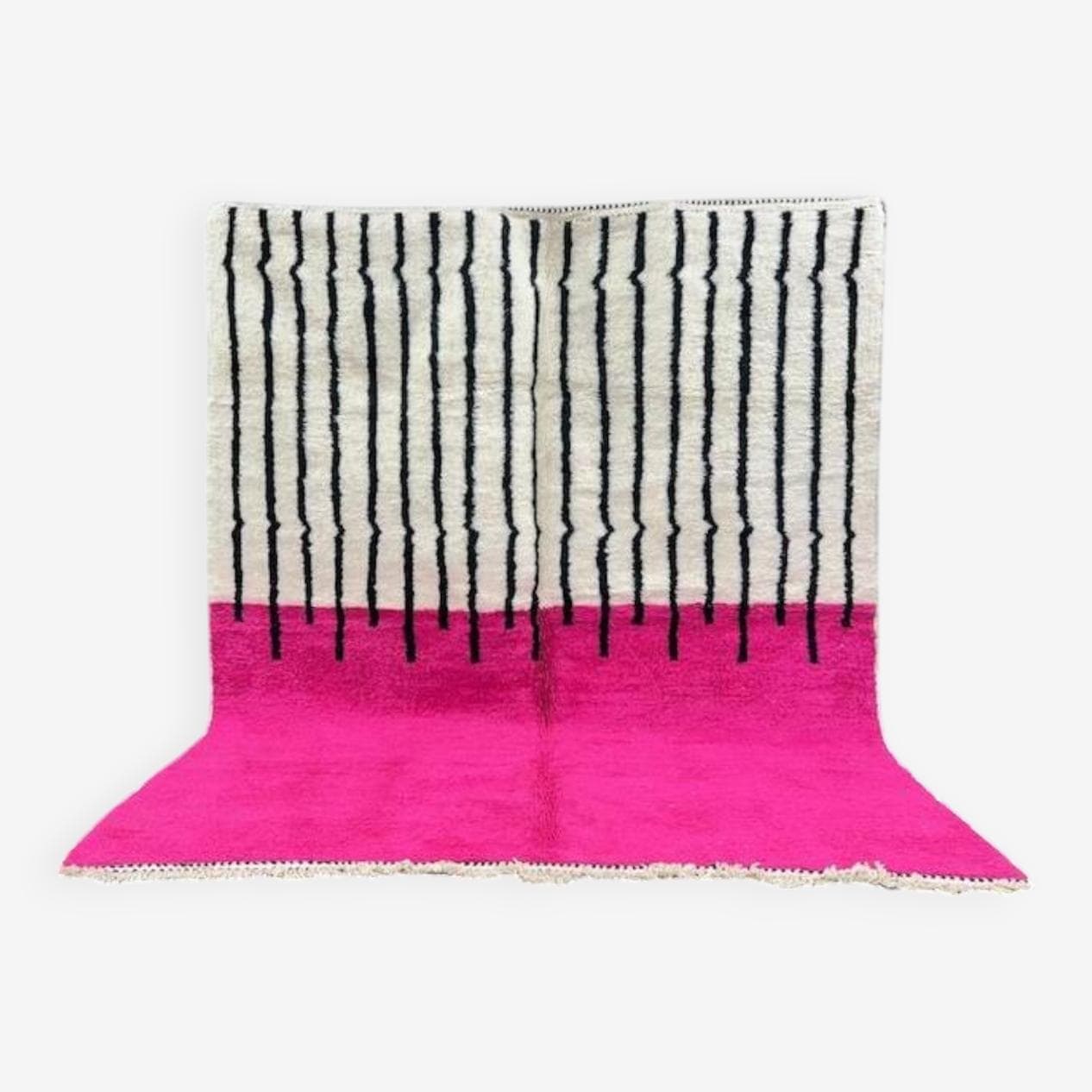 Ręcznie tkany dywan 250x150 cm, wełna, ecru, czarny, różowy, Maroko - 198395