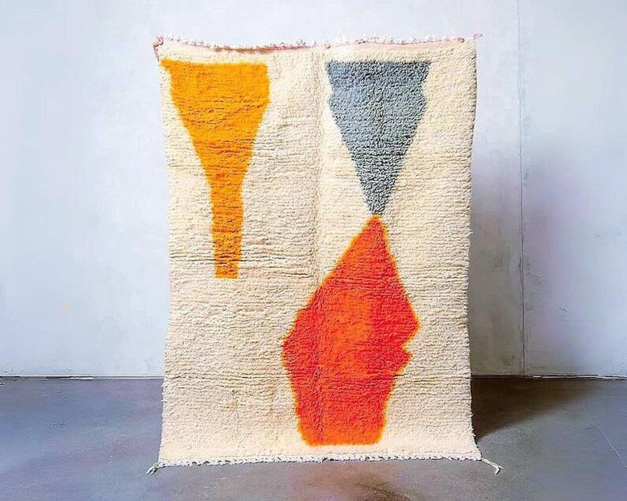 Ręcznie tkany dywan 250x150 cm, wełna, kremowy, pomarańczowy, niebieski, Maroko - 201091