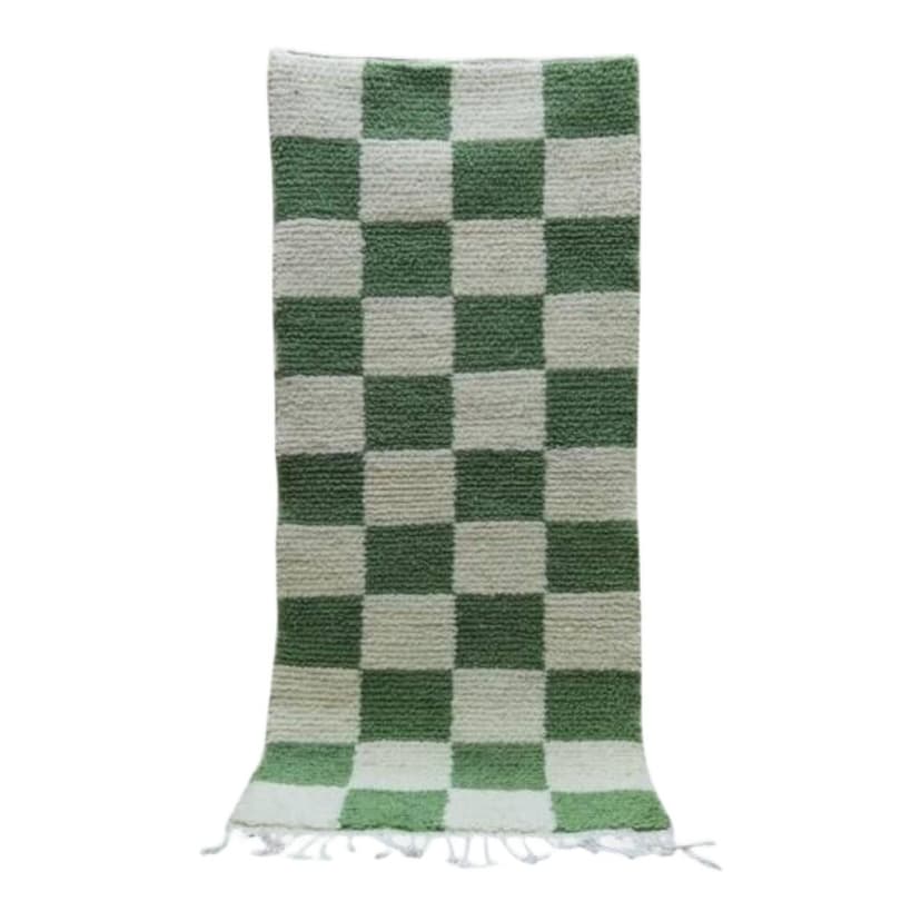 Handmade rug 300x90 cm, wool, green, white, Morocco