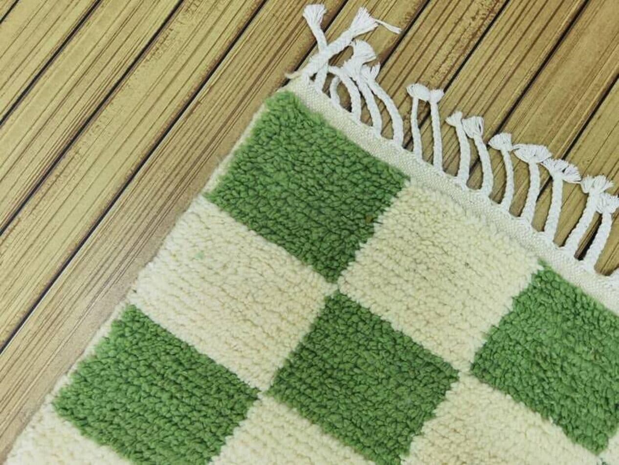 Handmade rug 300x90 cm, wool, green, white, Morocco - 201042