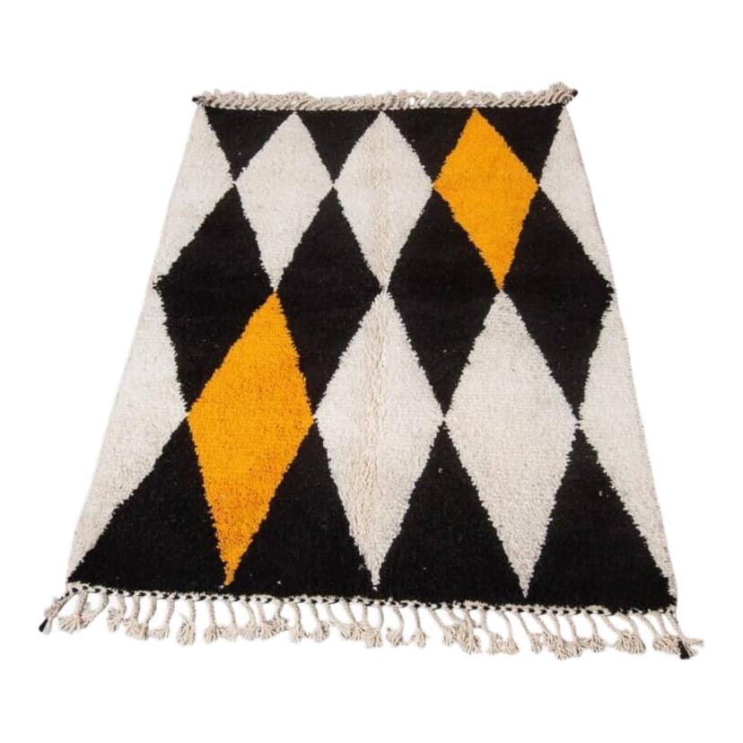 Ręcznie tkany dywan 250x150 cm, wełna, kremowy, czarny, żółty, Maroko