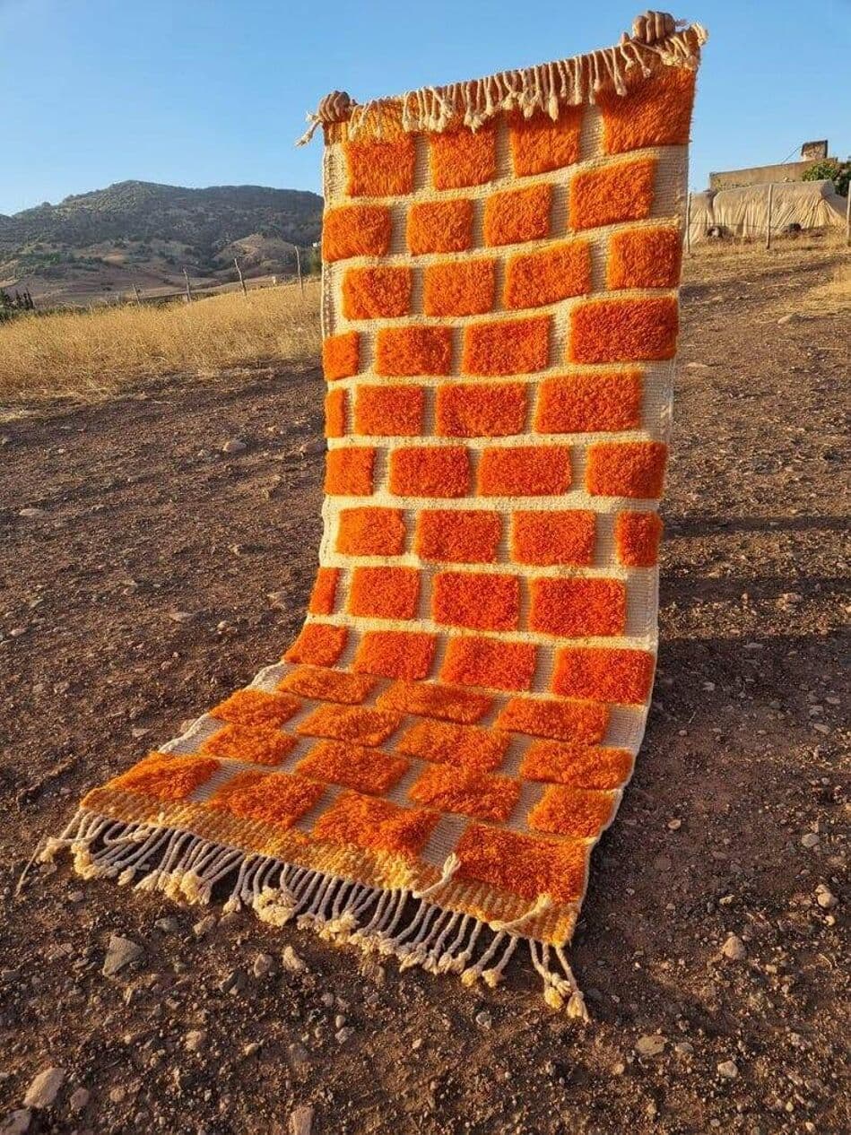 Handmade rug 300x90 cm, wool, orange, Morocco - 200897