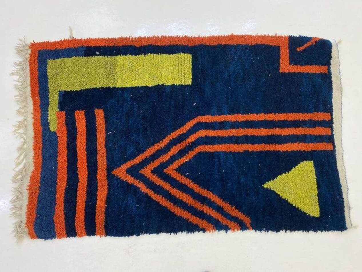 Ręcznie tkany dywan 250x150 cm, wełna, granatowy, pomarańczowy, żółty, Maroko - 200847