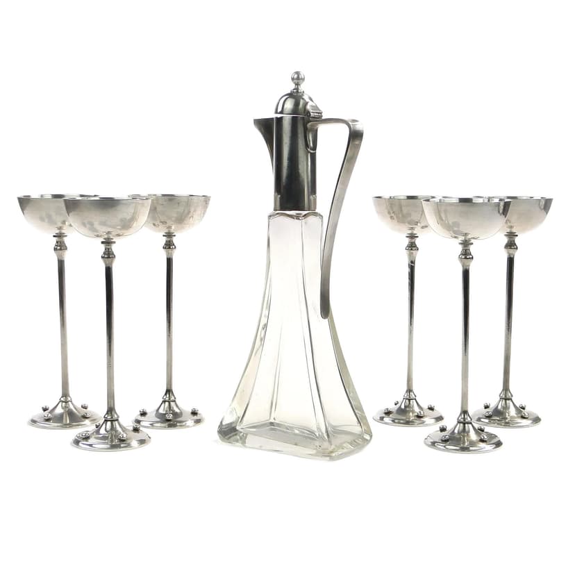 Serwis likierowy art déco, srebrny, kryształ, srebro, Niemcy, lata 20.