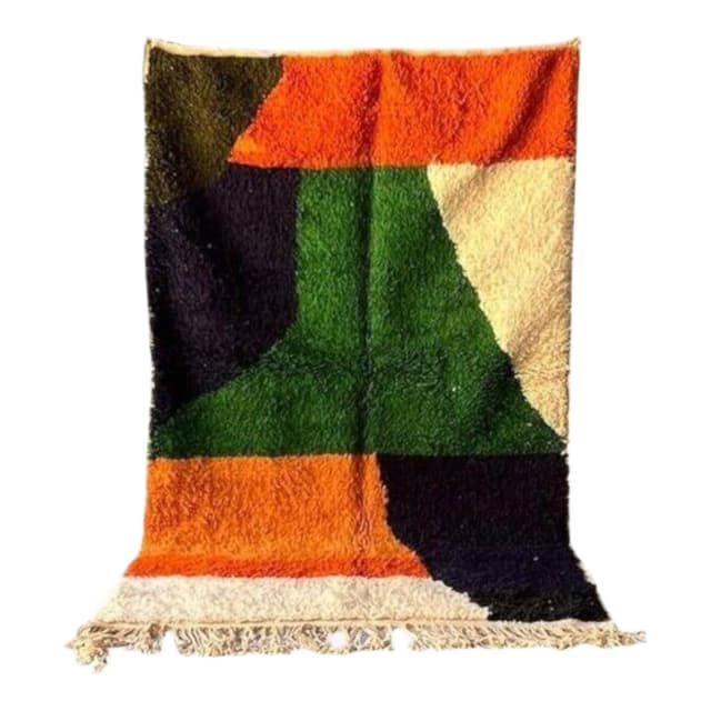 Ręcznie tkany dywan 250x150 cm, wełna, ecru, zielony, pomarańczowy, czarny, oliwkowy, Maroko - WYMIARY