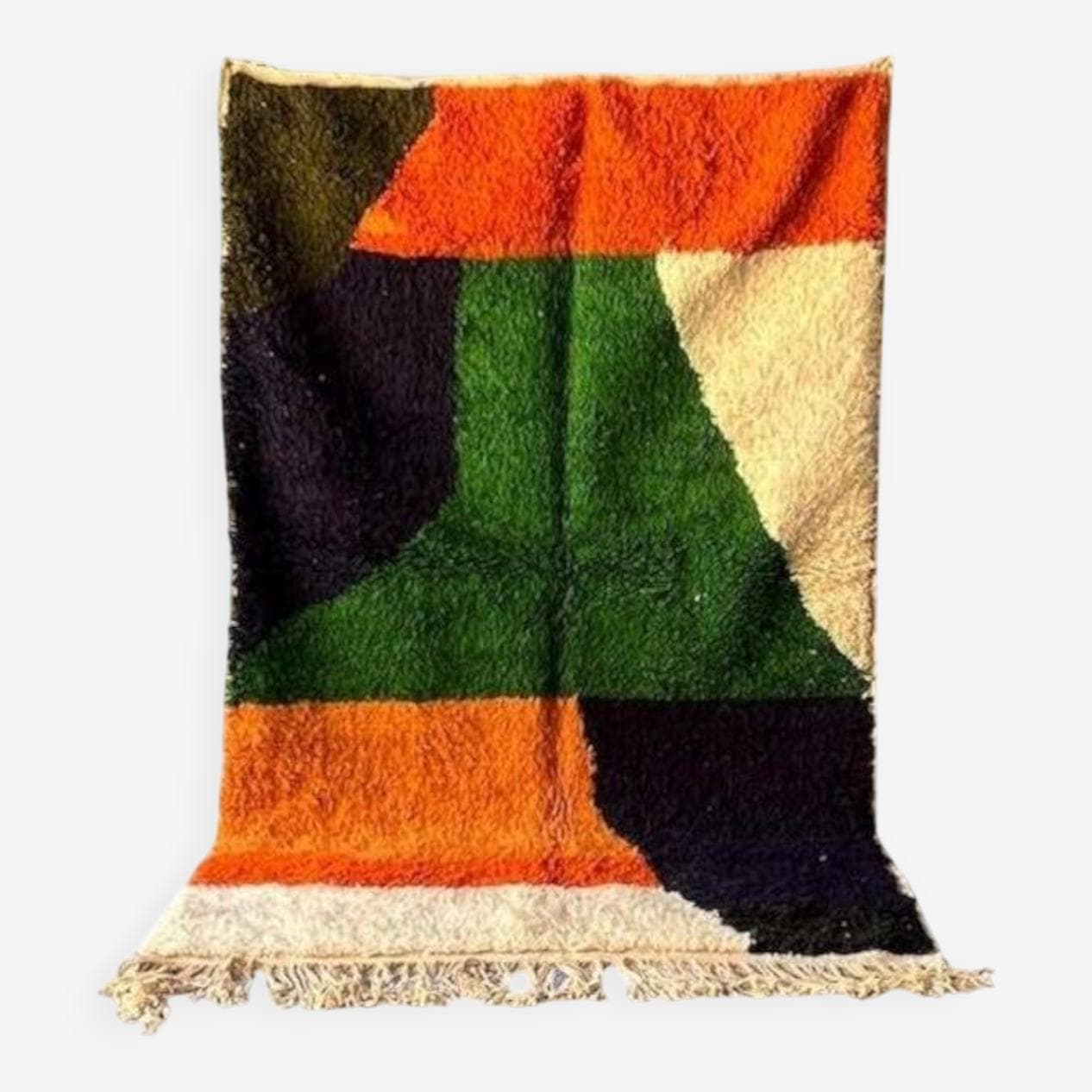 Ręcznie tkany dywan 250x150 cm, wełna, ecru, zielony, pomarańczowy, czarny, oliwkowy, Maroko - 200716