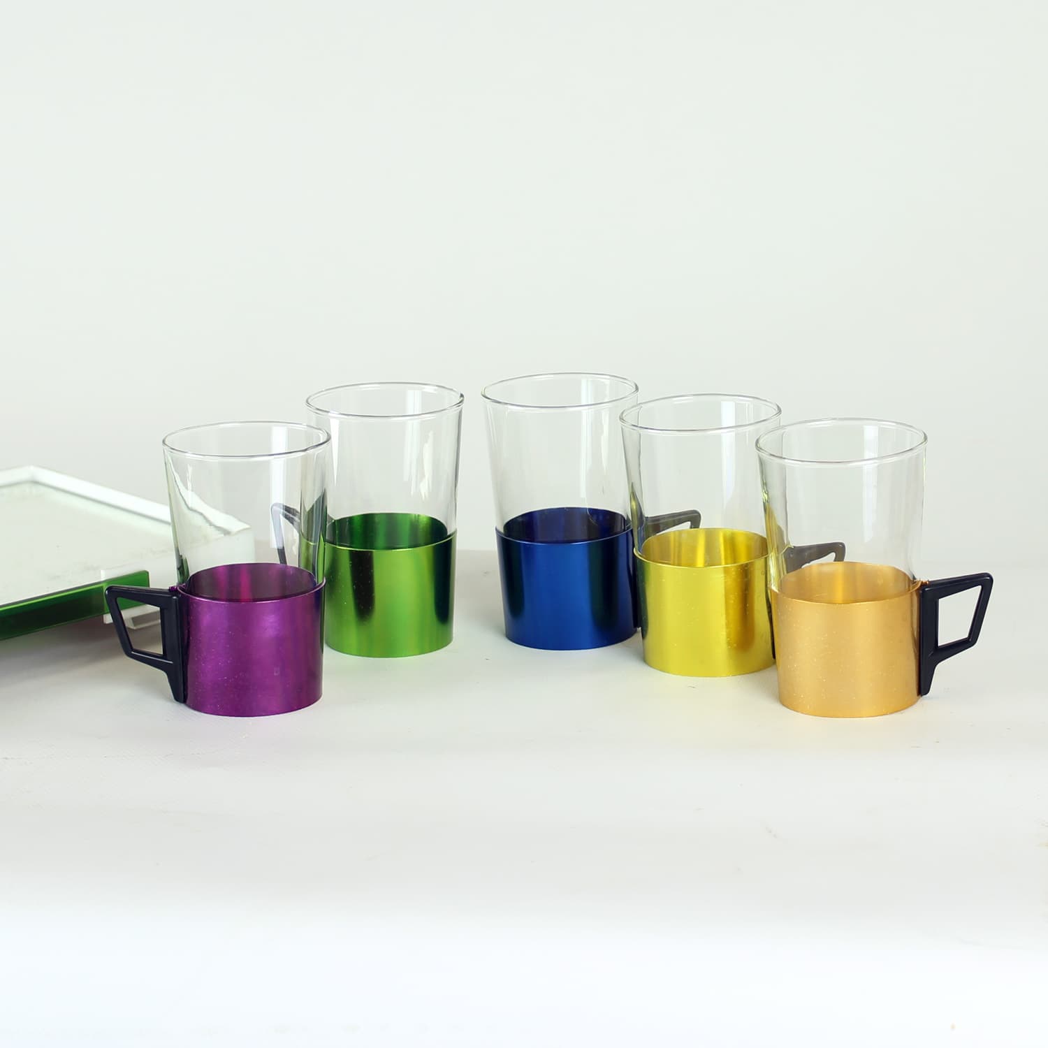 Drinking glasses set with tray, multicolor, Czechoslovakia, 1960s. - 200598
