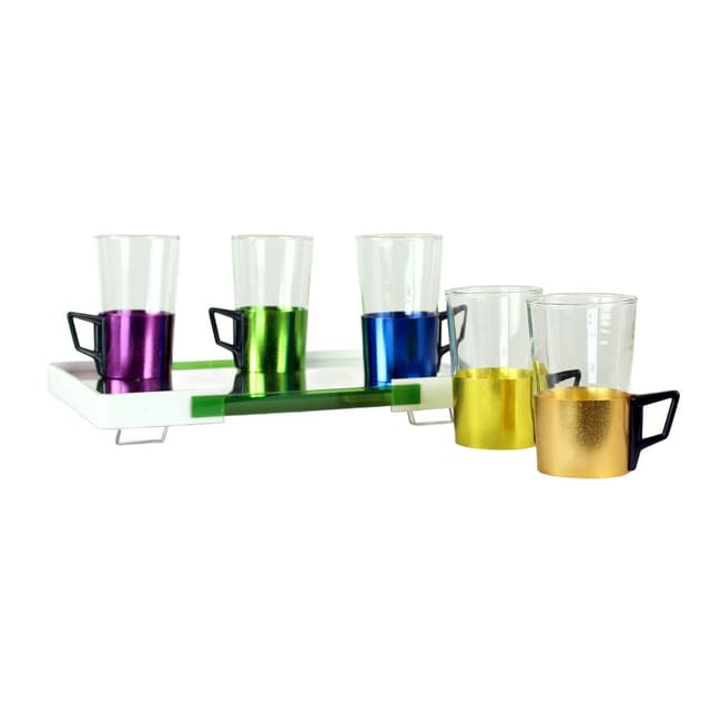 Drinking glasses set with tray, multicolor, Czechoslovakia, 1960s. - DIMENSION