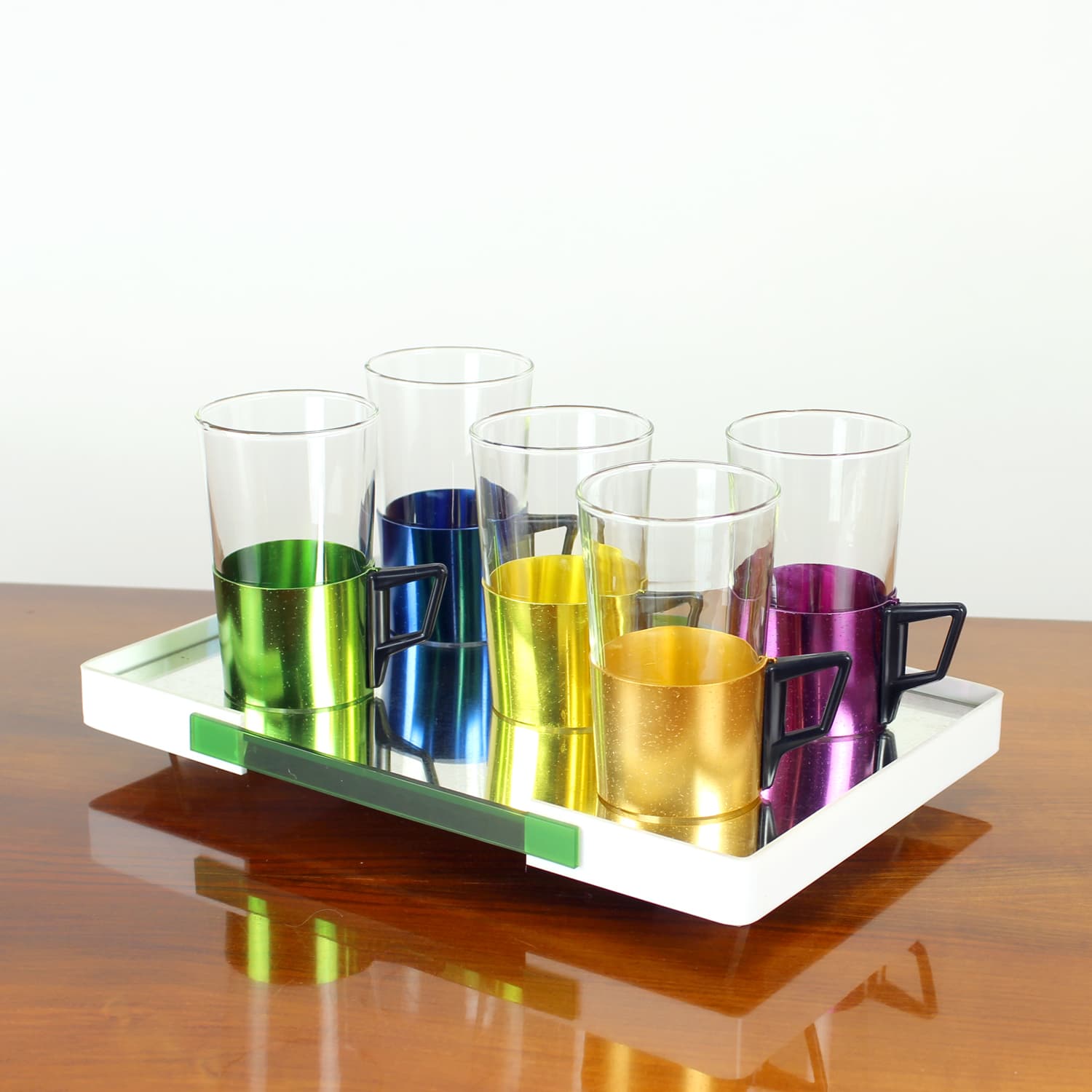 Drinking glasses set with tray, multicolor, Czechoslovakia, 1960s. - 200594