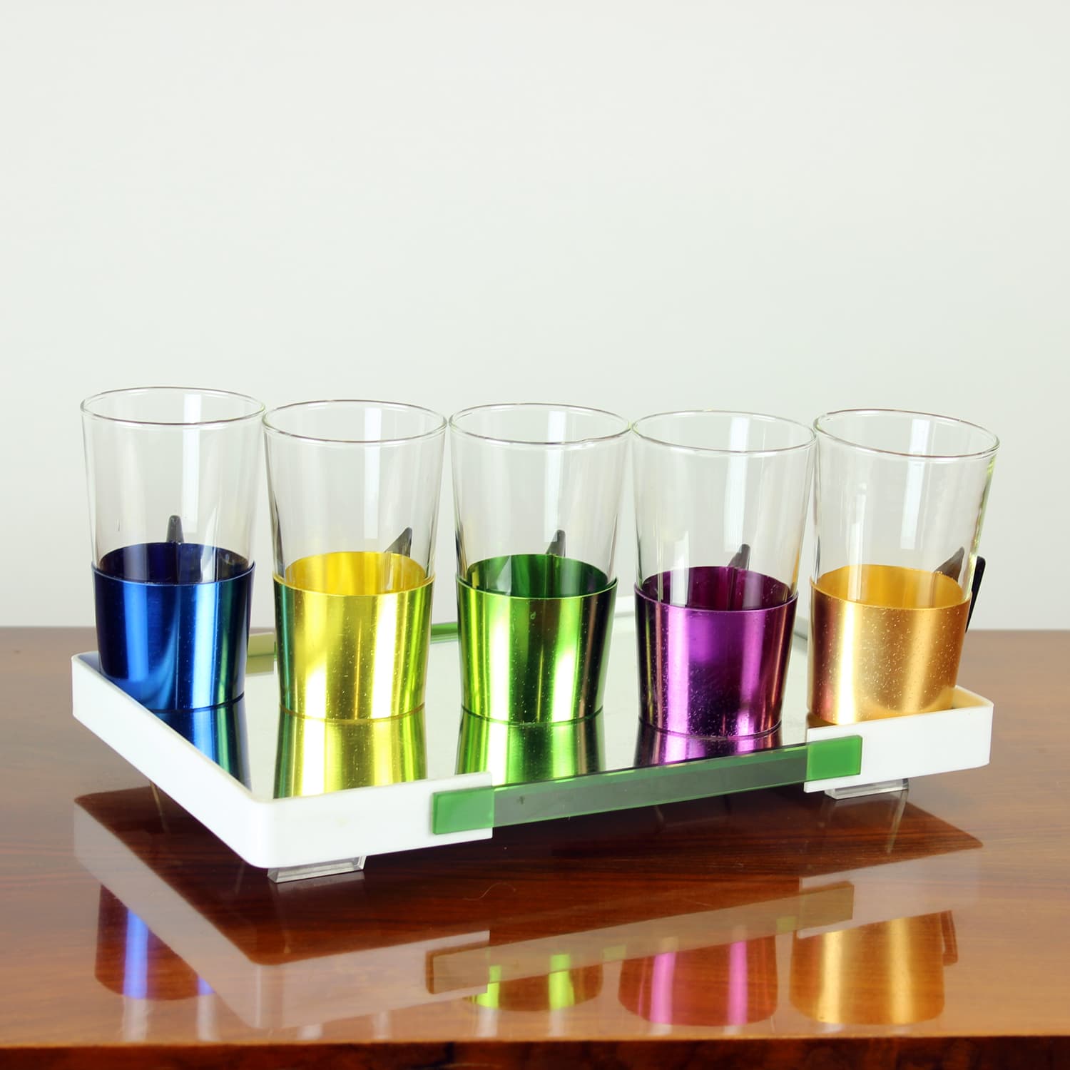 Drinking glasses set with tray, multicolor, Czechoslovakia, 1960s. - 200595