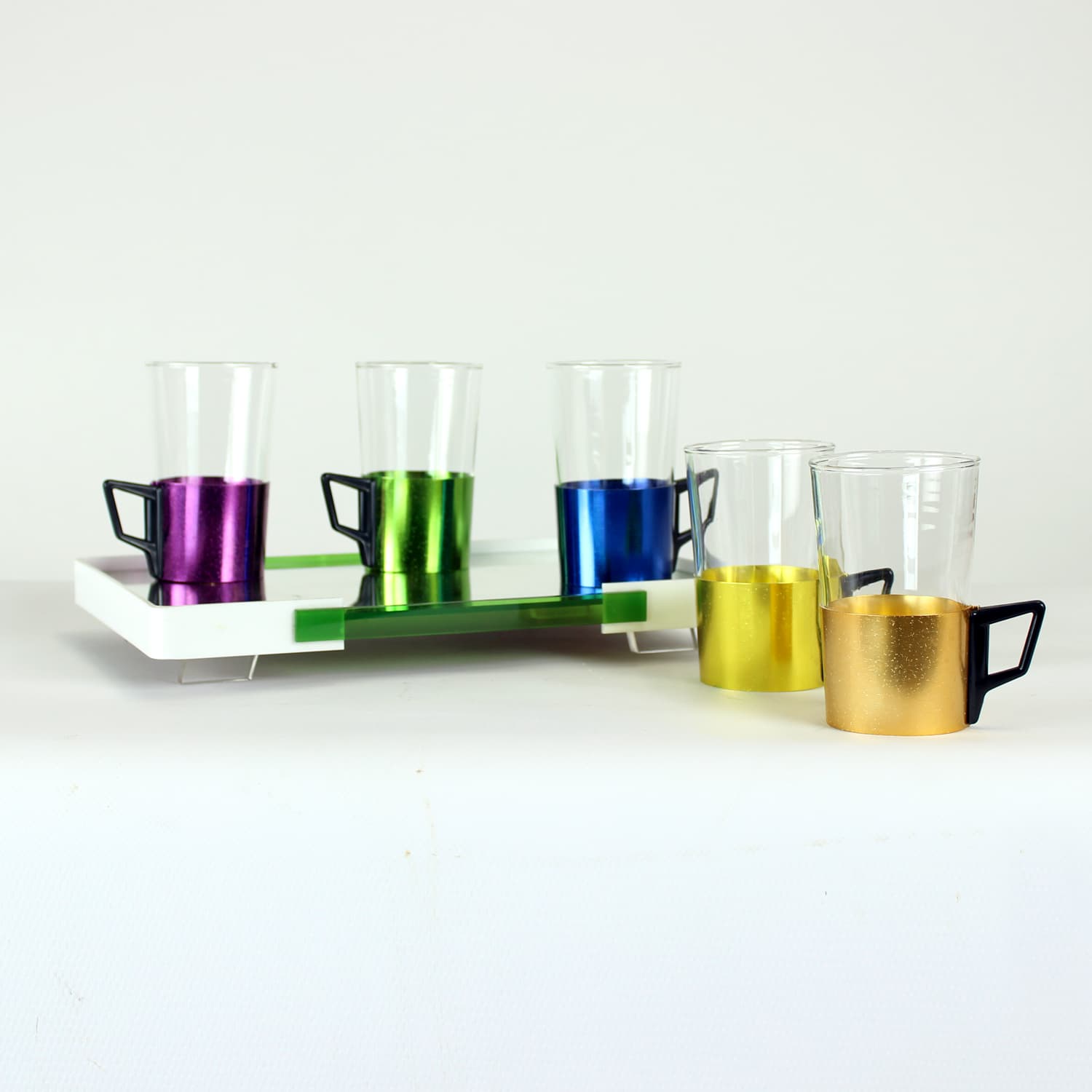 Drinking glasses set with tray, multicolor, Czechoslovakia, 1960s. - 200600
